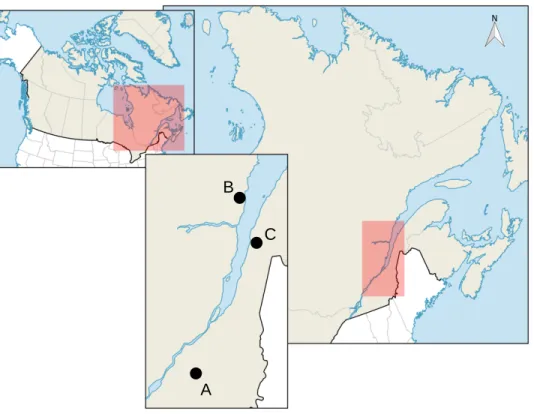 Figure 1. Maps of the different study regions. Regions A (Central Québec) and B  (Lower North Shore) had one site each