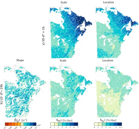 Figure 12 presents the spatial distribution of the temporal trends estimated at the native CRCM5 resolution for ξ  t;r , σ  t;r , and μ  t;r 