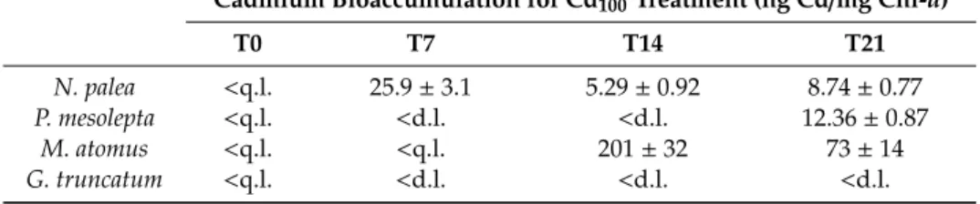 Table 2. Mean cadmium bioaccumulation levels in the diatoms (ng Cd/mg Chl-a ± standard error) at the different sampling times for Cd 100 treatment