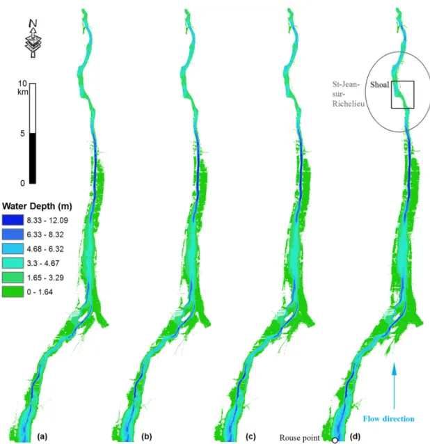 Figure 4. Predicted water depth with the two-dimensional (2D) hydraulic model for flow cases of 
