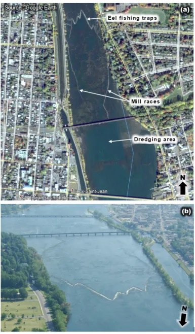Figure 9 .  (a)  Man-made structures in the Saint-Jean-sur-Richelieu bedrock shoal area