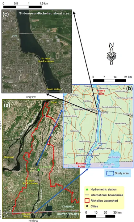 Figure 1. The Richelieu River watershed (a), the study area (b), and the shoal area at Saint-Jean-Sur- Saint-Jean-Sur-Richelieu (c)