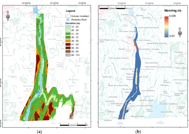 Figure 2. Digital Elevation Model (DEM) for the study area (a) and Manning’s n value for the studied  river reach (b)