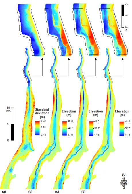 Figure 3. Three realizations of the random field of the topography error: Mean error (a), lower  topography scenario (b), nominal (mean) topography model (c), and upper topography scenario (d)