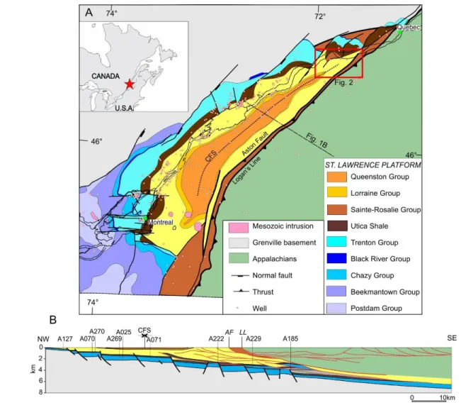 Figure 2. A) Geological map of the St. Lawrence Platform between Montreal and Quebec  1308 