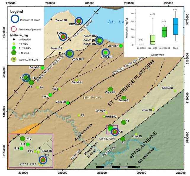 Figure 7. Spatial distribution of dissolved methane concentrations. Bedrock geology  1341 