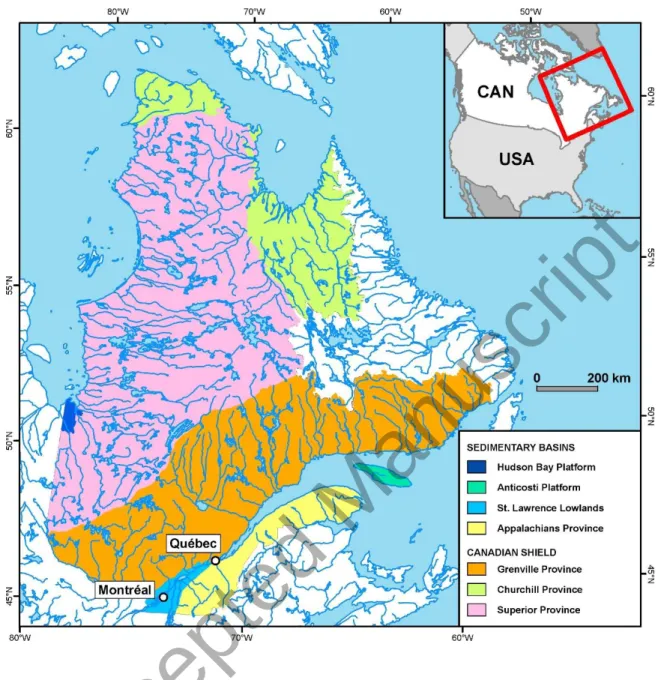 Figure 1. Location of the SLL sedimentary basin and other geological provinces of  Québec (adapted from Comeau et al