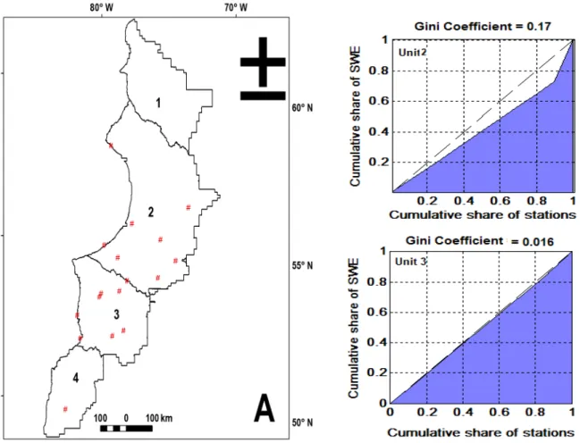 Figure 6. Lorenz curves and values of spatial distribution unevenness of stations in units 2 and 3 at  the local scale of zone A (units 1 and 4 lacked sufficient number of stations to undertake the analysis)