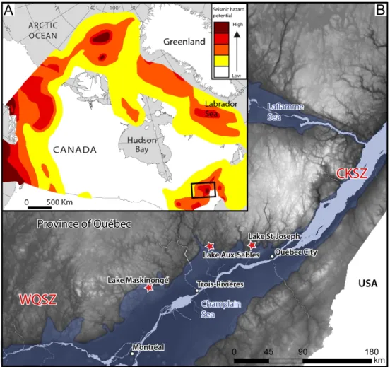 Figure 1 – A) Seismic hazard potential in Canada (modified from NRCan); B) Location map of the  investigated lakes north of the St