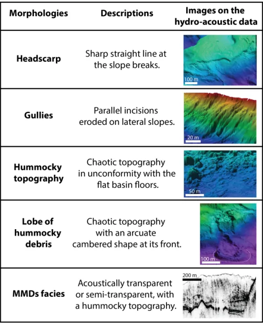 Figure 2 – Morphologies and facies associated with sublacustrine mass-movements as observed on the  hydro-acoustic data of the investigated lakes