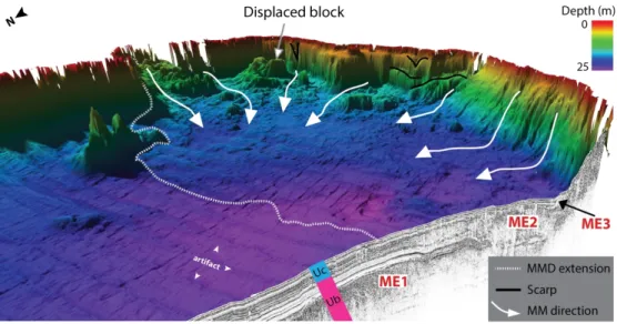 Figure 6 – 3D view of the high-resolution swath bathymetric imagery of Lake Maskinongé coupled with an  acoustic profile