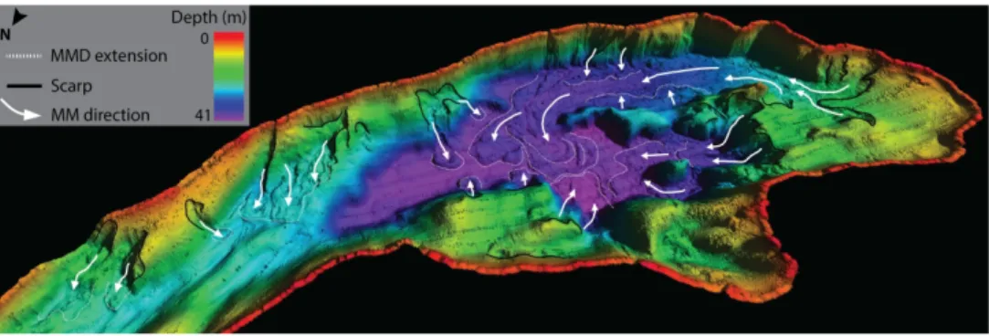 Figure 10 –3D view of the high-resolution swath bathymetric imagery of Lake Aux-Sables showing the  direction of flow of mass-movements and the extent of their deposits on the basin floor