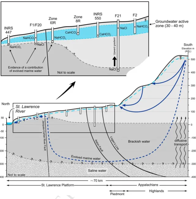 Figure 9: Conceptual groundwater flow model of the Saint-Édouard region. Actual subsurface  elevations  for  brackish  (marine)  and  saline  (formation)  waters  are  unknown,  and  should  be  considered best estimates with current knowledge