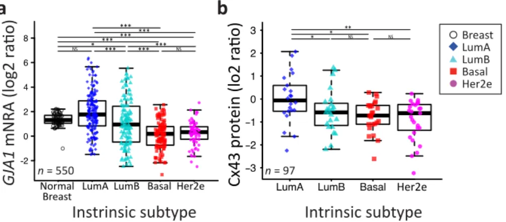 Figure 2. The GJA1 expression level is more variable in breast tumor than in normal tissue and varies