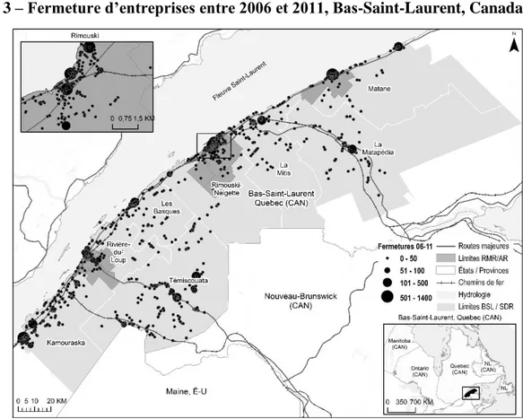 Figure 3 – Fermeture d’entreprises entre 2006 et 2011, Bas-Saint-Laurent, Canada 