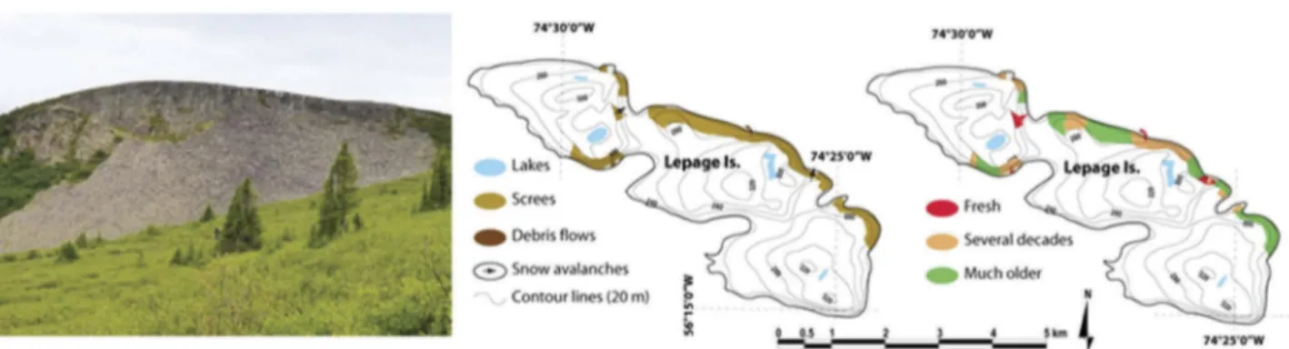 Figure 6. Slopes on Lepage Island, inner ring of Clearwater Lake (A), preliminary results on gravity processes recognition (B) and their relative age or degree of activity (C).