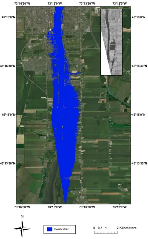 Figure 9. Google Earth projection of the flood extent (derived from the water depth simulated by the LISFLOOD-FP model) on 14 May 2011 that is considered to be “ground truth”: the flood extent that corresponds to the time of SAR data acquisition (at the to