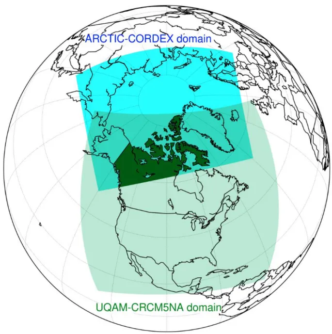 Figure 1. Spatial domains for the UQAM-CRCM5NA simulations (in light green) and ARCTIC- ARCTIC-3 