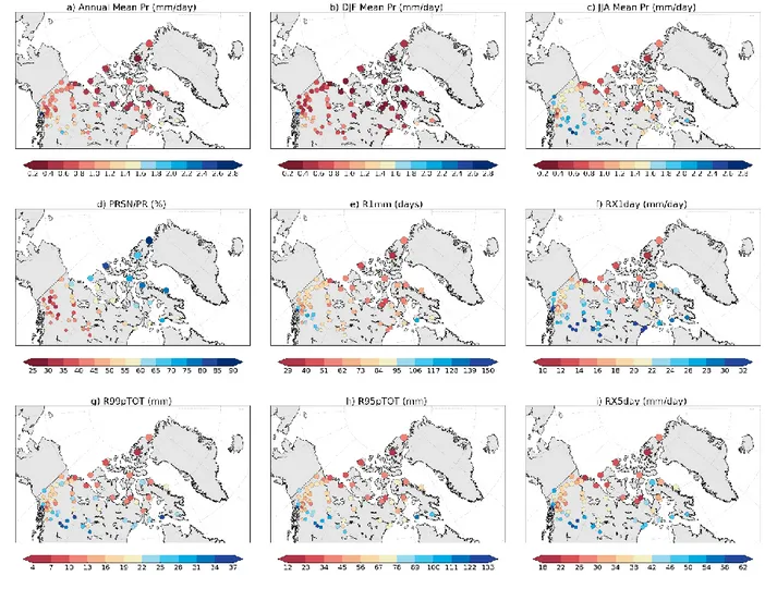 Figure  4.  Climate  mean  of  daily  precipitation  indices  at  stations  over  the 1980-2004  period