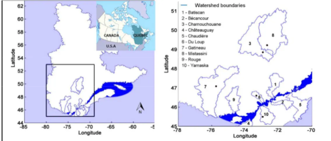 Figure 1: Location of the study watersheds in Québec, Canada, and around the St. Lawrence River  