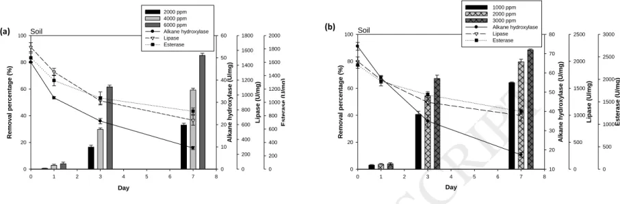 Fig. 4: Specific enzyme activity and removal percentage of petroleum hydrocarbons in  the soil using the crude enzyme produced by A