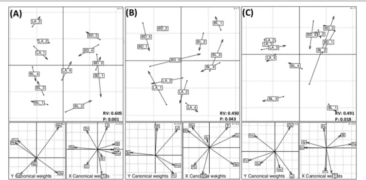 FIGURE 3 | Co-inertia analysis showing the relationship between rhizosphere bacterial and fungal core and eco microbiomes in (A) canola grown as recommended (Can_RE), (B) canola fertilized at 150% of the recommended rate (Can_HF), and (C) canola seeded at 