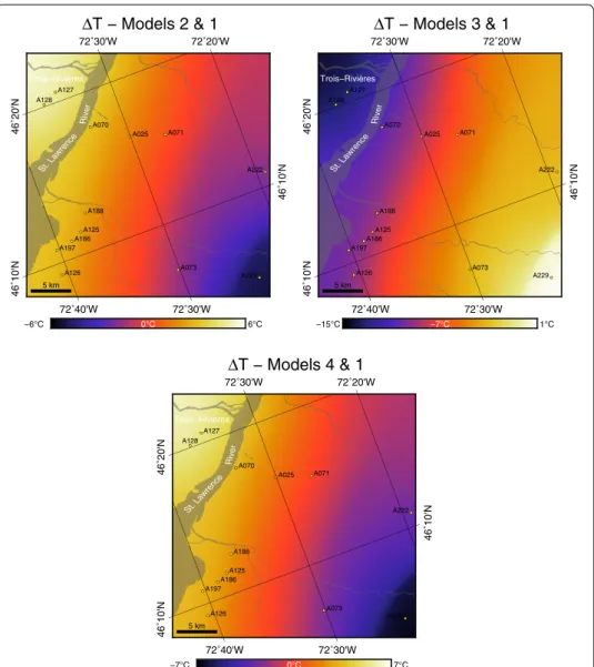 Fig. 8  Temperature difference between Models 2–4 and Model 1 at 5 km depth