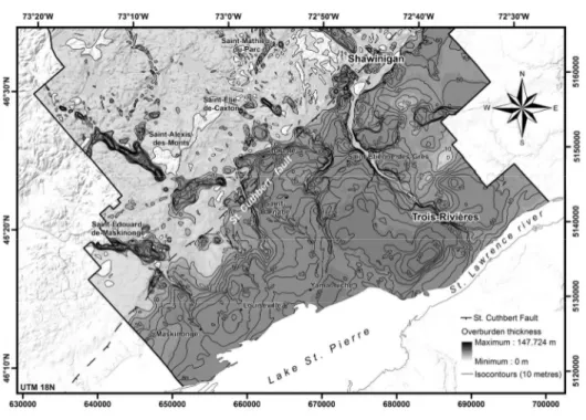 Figure 4. Total thickness of Quaternary deposits. The thickest deposits, reaching 150 m, are in the western  part of the City of Trois-Rivières
