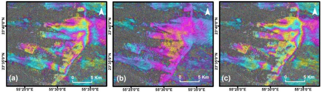 Figure 9. Differential interferograms from Sentinel-1A pairs. a) 18/2/2016 - 2/12/2016