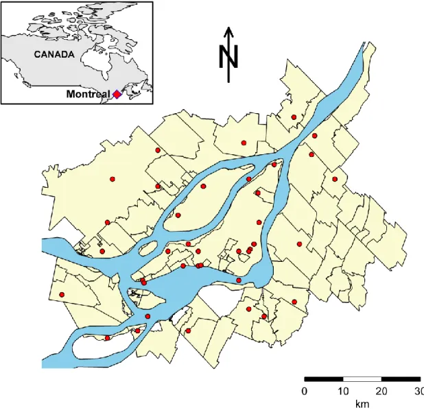 Figure 2: Map showing the municipalities of the Montréal census metropolitan area along  with the weather stations used for obtaining the temperature series (red dots)