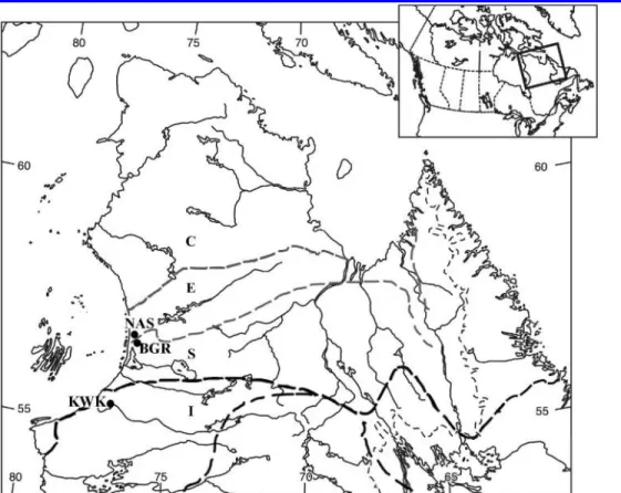 Fig. 1. Study region and permafrost distribution in Nunavik (QC, Canada). The studied sites NAS, BGR and 