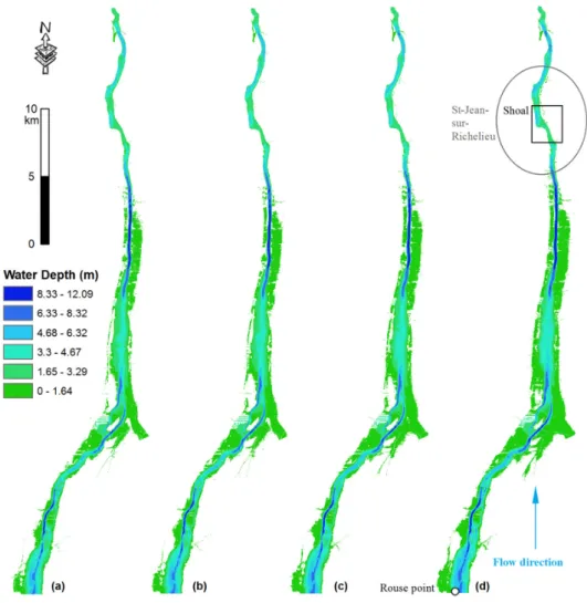 Figure 7. Mean values of the water depths predicted with the point estimate method for four flow 