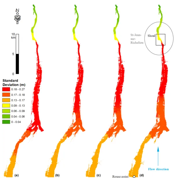 Figure 8 .  Standard deviations of water depth predicted with the point estimate method for four flow rates:  ( )	759	 m s ⁄ 	; ( )	824	 m s ⁄ 	;	( )	936	 m s ⁄ 	; 	and	( )	1113	 m s ⁄ .
