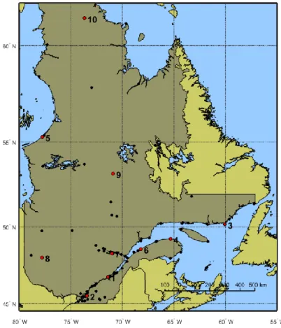 Figure 1. Spatial distribution of the 83 meteorological stations in the province of Quebec