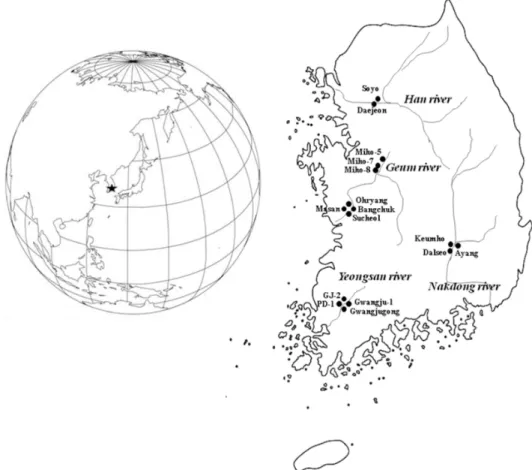 Fig. 1. Study area showing the 16 sites selected on four main Korean rivers.