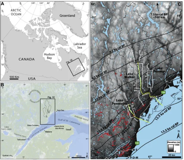 Fig. 1. Location of Lakes Pentecôte, Walker and Pasteur and their watersheds (black lines in B and black dashed lines in C), along the north shore of the Gulf of St-Lawrence in