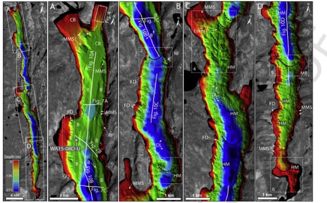 Fig. 3. Multibeam bathymetry images (3 m-resolution) showing the sublacustrine geomorphology of Lake Walker: (A, B) northern basin and (C, D) southern basin
