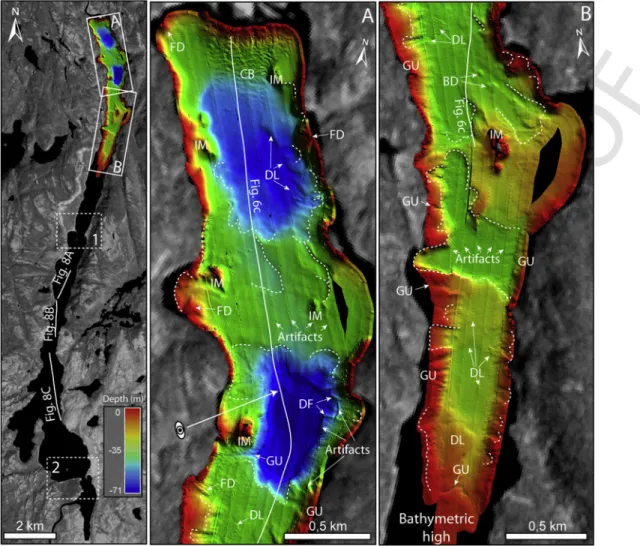 Fig. 5. Swath bathymetry image (2 m-resolution) of the northern area of Lake Pasteur showing its sublacustrine geomorphology: (A) northern deep basins (B) southern sector