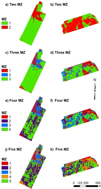 Fig. 4. Management zones (MZs) delineated using the Veris® EC a0-0.3m  and EC a0-1m  kriged data matrix with  the fuzzy k-means analysis with no-spatial constraint of proximity at the field 1 (a-c-e-j) and field 2 