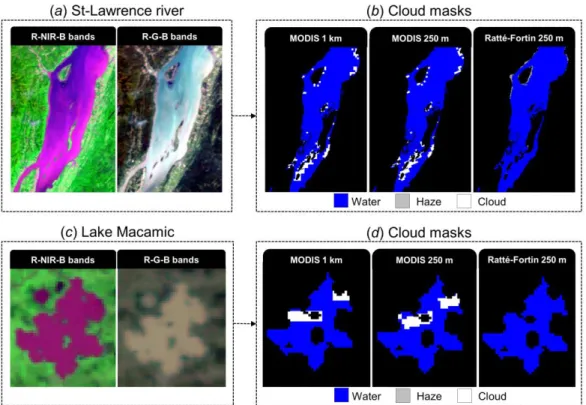 Figure 6 : MODIS R-NIR-B color and R-G-B color of the St-Lawrence river (a) and the 343 