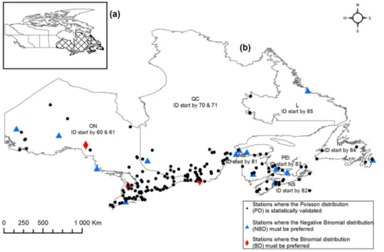 Figure 1. Southeastern Canada (a) and location of the 173 stations (b) with identification of stations where  the PD, or BD or BND was validated