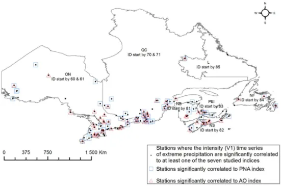 Figure 2. Identification of stations where the AO and PNA indices were significantly correlated to the V1  series among the 136 stations where V1 series showed significant correlation with at least one of the seven 
