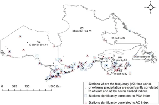 Figure 3. Identification of stations where the AO and PNA indices were significantly correlated to the V2  series among the 138 stations where V2 series showed significant correlation with at least one of the seven 