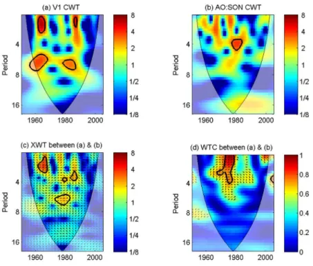 Figure 5. Wavelet analysis results with CWT illustration for V1 (a) and AO index: SON window (b)