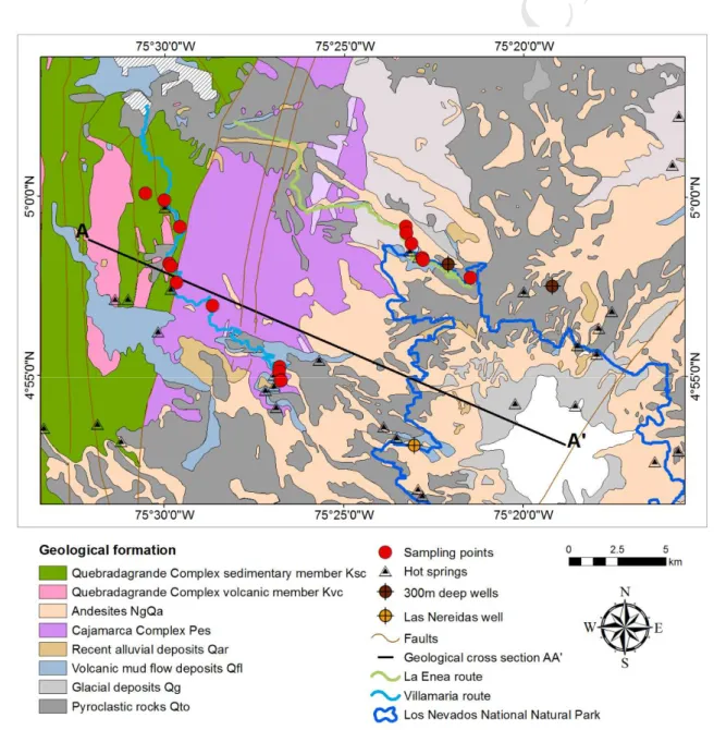 Figure 2. Geological map of the study area showing the  s ampled outcrops. Simplified from 