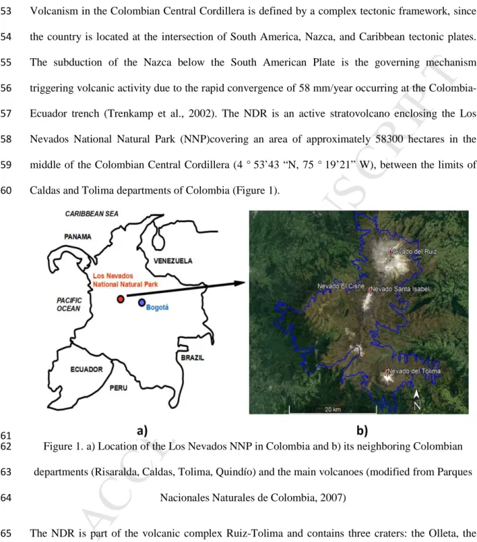 Figure 1. a) Location of the Los Nevados NNP in Colombia and b) its neighboring Colombian 