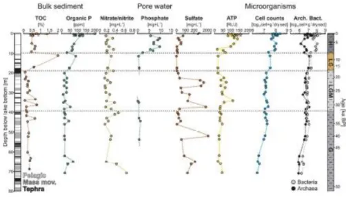Figure 2    Multiple downcore profiles. From left to right: Lithology sequence of Laguna Potrok Aike [m] 