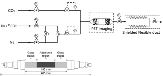 Fig. 1. Experimental set-up and detail of the adsorption column with adsorbent bed and glass beads packing (Pi: pressure control valves, F: mass ﬂow rate mea- mea-surements).