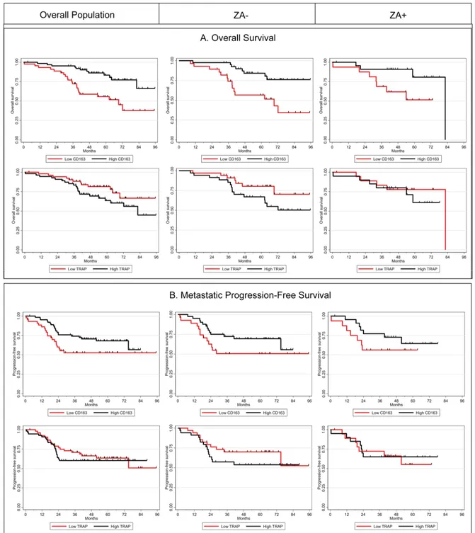 Figure 4. Kaplan-Meier curves according to CD163 and TRAP levels in the overall population (left panel), and in ZA−  (middle panel) and ZA+ (right panel) groups for overall survival (A) and metastatic progression-free survival (B)