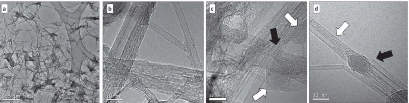 Figure  1.  High-resolution TEM  images  of  the  BNNT  sample.  (a) overview  at  low  magnification  illustrating  the  fibrous  structure